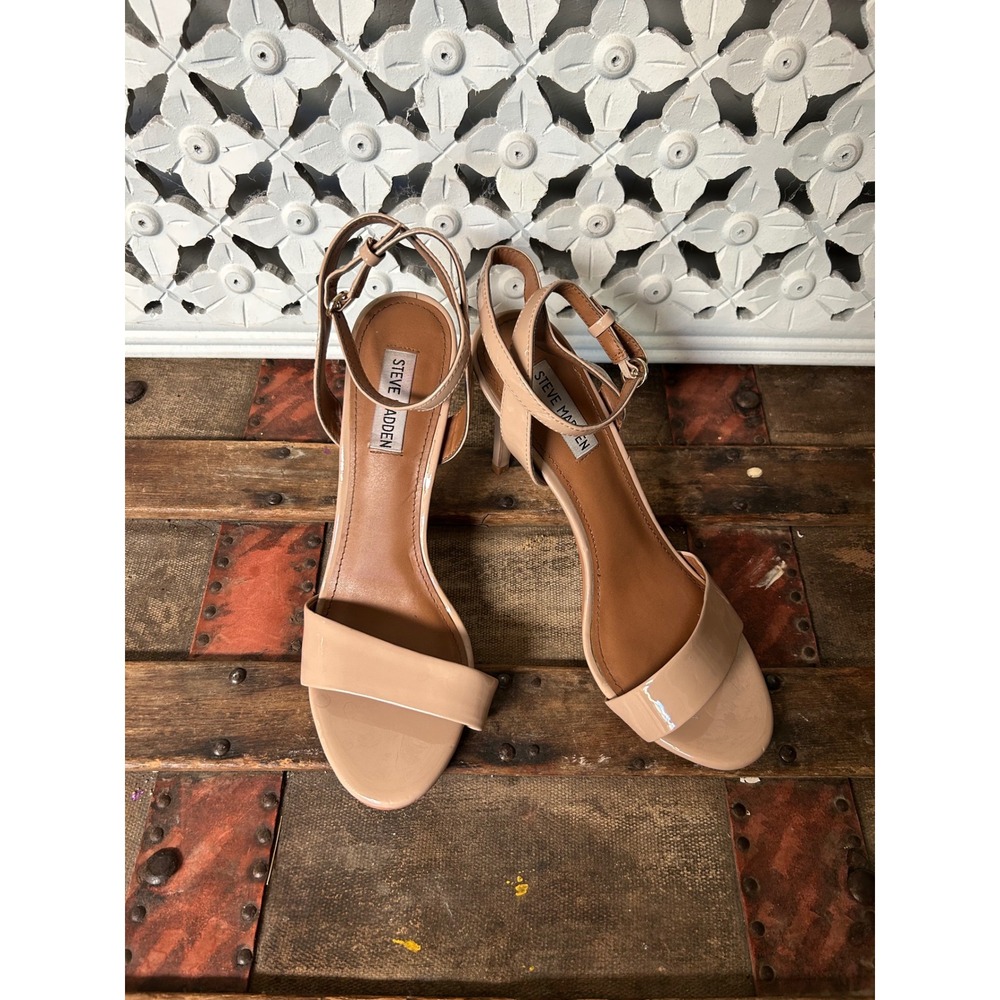 Steve Madden Reno Nude Patent‎ Ankle Strap Stiletto Sandals Heels Size 10M